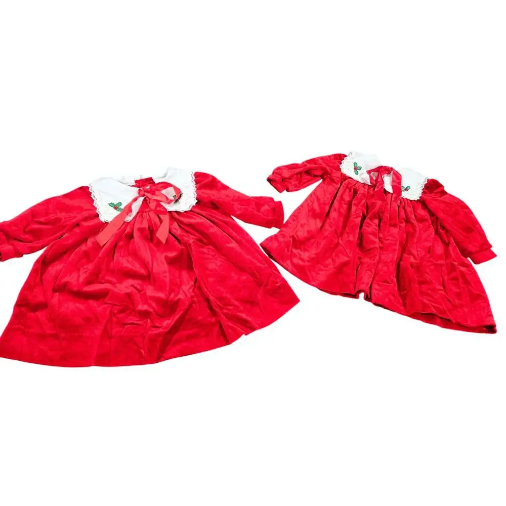 Vintage Girls Red Christmas Dress Lot Holiday Velvet Embroidered Size 2T